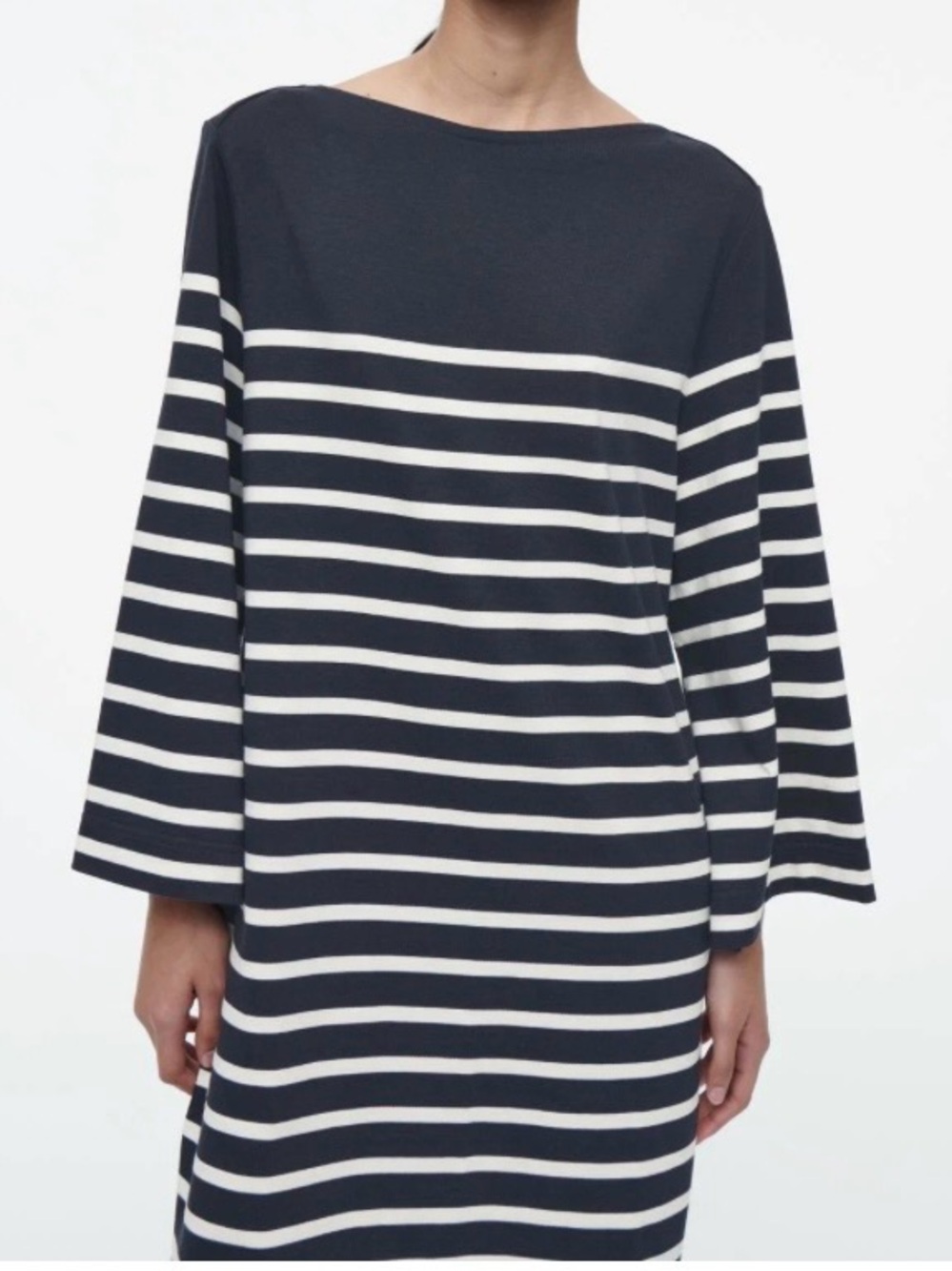 COS Navy & White Mini Boat Neck lo g sleeve T-Dress Size Large BNWT
